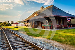 Railroad tracks and the train station in New Oxford, Pennsylvania.