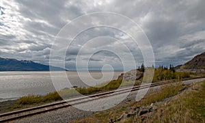 Railroad tracks on the Turnagain Arm in Alaska USA