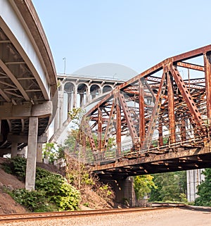Railroad tracks under three bridges, an old rusted railroad bridge, the Braddock Avenue overpass and the East Pittsburgh bridge