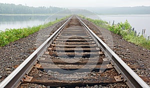 Railroad tracks vanish in the mist