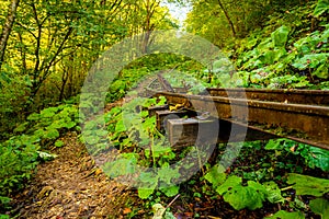 Railroad tracks are washed away after rain or flood. Dangerous railway. Traffic is closed