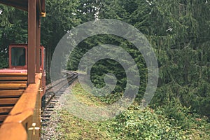 railroad tracks in wet summer day in forest with vintage train c