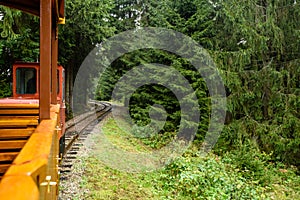 Railroad tracks in wet summer day in forest with vintage train c