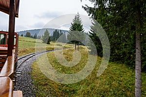 Railroad tracks in wet summer day in forest with vintage train c