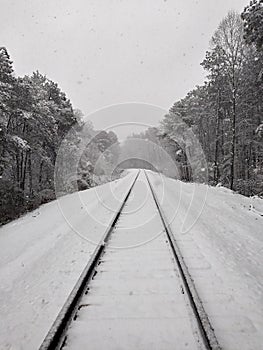 Railroad Tracks In The Winter Snow Portrait