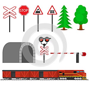 Railroad traffic way and train with boxcars. Railroad train transportation.
