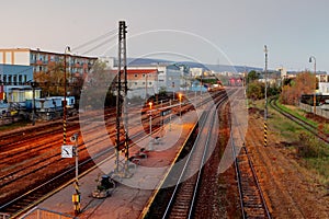 Railroad train platform at night