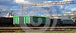 Railroad and train station. Industrial landscape with freight wagons