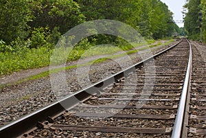 Railroad, train tracks in forest, toward horizon