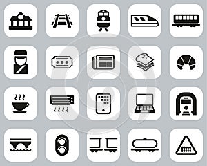 Railroad Travel & Cargo Transportation Icons Black & White Flat Design Set Big