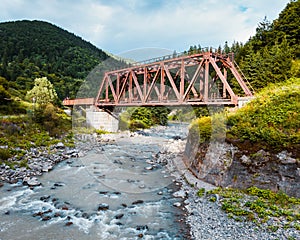 Railroad trestle over river, Carpathians