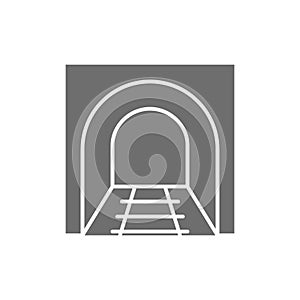 Railroad tunnel with rails, railway road, subway grey icon.