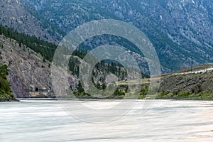 Railroad tunnels and the Cariboo Highway in the Thompson River Valley, British Columbia, Canada