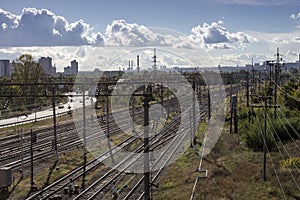 Railroad urbanistic landscape. No people. Perspective view