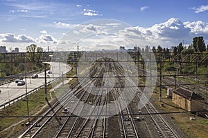 Railroad urbanistic landscape. No people. Perspective view photo