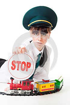 Railroad worker with stop sign
