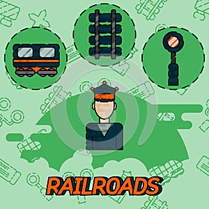 Railroads flat concept icons