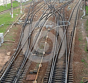 Rails on concrete sleepers, arrows and track equipment