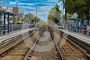 Rails of an electric tramway in a modern residential area