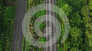 Rails through the forest and field. Dirt road, nature around the railway tracks