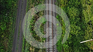 Rails through the forest and field. Dirt road, nature around the railway tracks