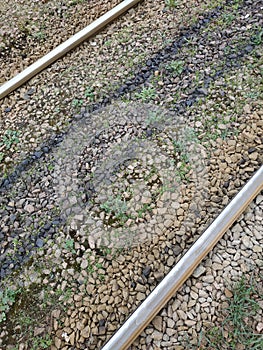 The rails go into the distance. Crushed stone, grass between the rails. Top view