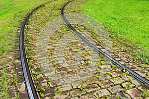 Rails on the pavement and green grass