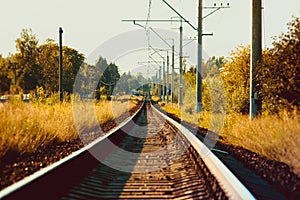 Rails of the Russian railway at sunset. Railway. Rails