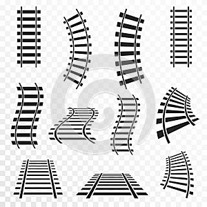 Rails set on transparent background. Straight and curved railroad tracks icon