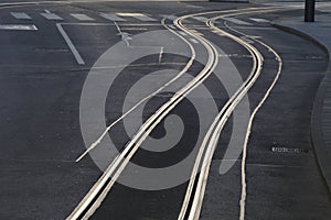 Rails of a tramway in evening light