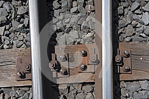 Rails on the wooden sleepers with basalt stone as a substructure