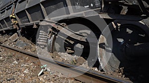 Railway accident damaged property of train and rails after train derailed. 4k video.