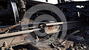 Railway accident damaged property of train and rails after train derailed. 4k video.