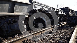 Railway accident damaged property of train and rails after train derailed. 4k video.