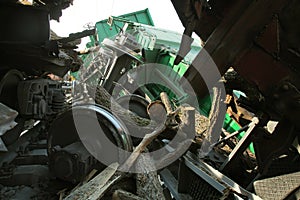 Railway accident. Freight cars derailed. Destruction of railway infrastructure. Destruction of rolling stock. Wagons carrying wood photo