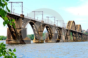 Railway arched bridge across the Dnieper River in Dnipro city, Ukraine.