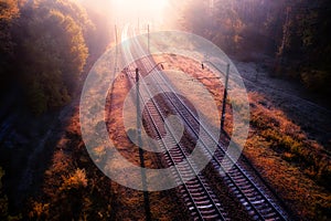 Railway autumn forest dawn view from a height