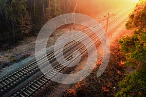 Railway autumn forest dawn view from a height