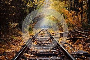 Railway in the autumn forest. Railroad in the autumn forest, AI Generated