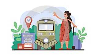 Railway booking train and business woman travel banner. Family vacation and tourism ticket service vector illustration. Rail