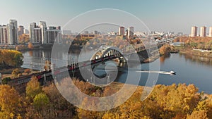 Railway bridge across river in Khimki city, Russia