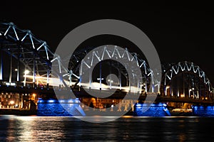 Night Railway bridge in Riga