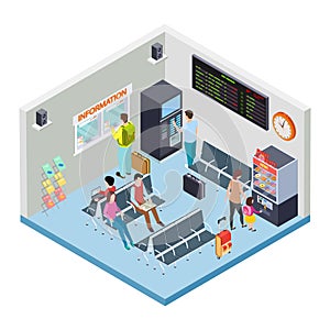 Railway, bus station or airport waiting area isometric vector concept