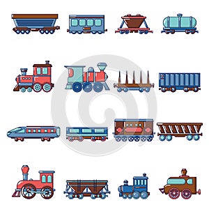 Railway carriage icons set, cartoon style