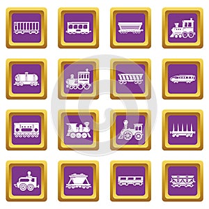 Railway carriage icons set purple square vector