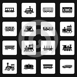 Railway carriage icons set, simple style