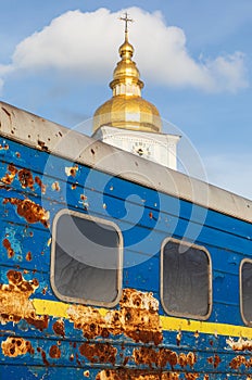 Railway carriage shelled by Russian troops in centre of Kiev