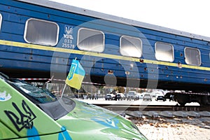 Railway carriage shelled by Russian troops in centre of Kiev