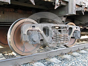 The railway carriage springs and wheels on reils close-up