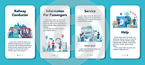 Railway conductor mobile application banner set. Railway worker